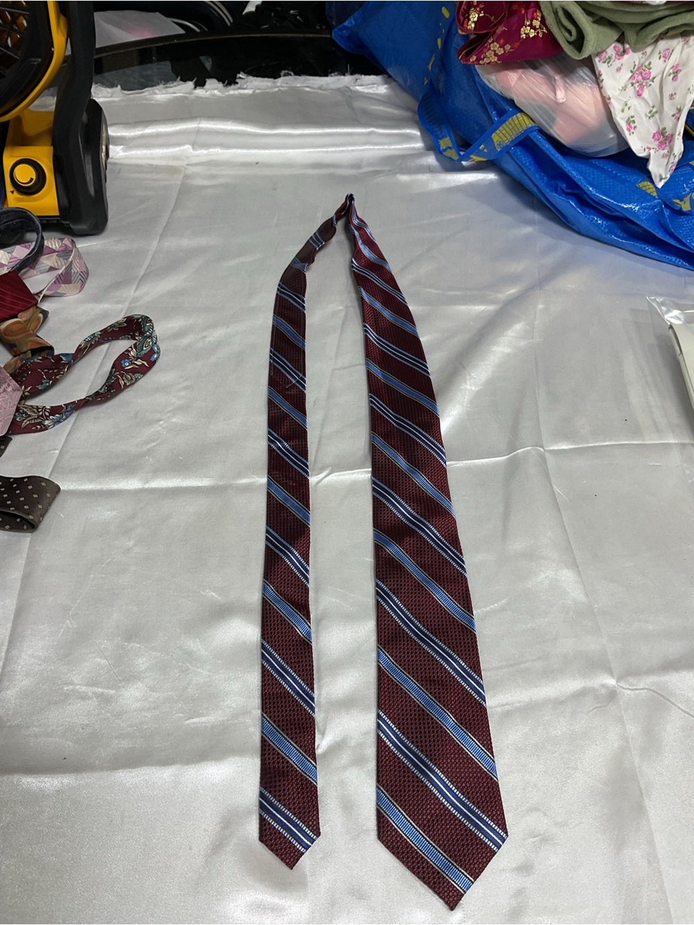 Pronto Uomo Burgundy Tie with Blue and White Stripes